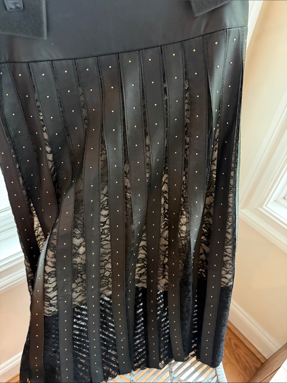 Alice + Olivia Black Pleated leather and Lace Midi Skirt with Stud Accents - Picture 5 of 15